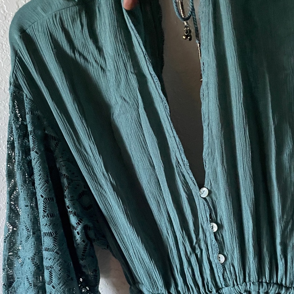 Angela Jumpsuit Dried Pine Crochet Jumper S Evergreen Firest Green Flowy - Picture 3 of 15
